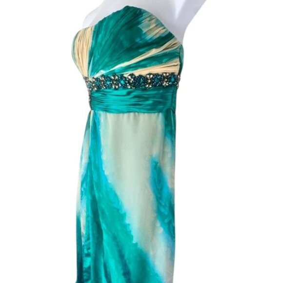 Y2K Bicici Strapless Teal & Cream Ombre Beaded Evening Gown Floor-Length XL - Picture 3 of 14